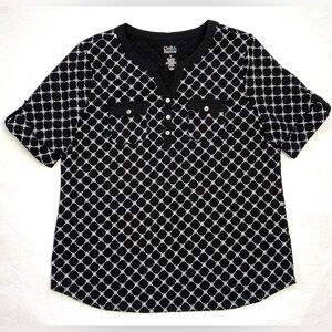 Croft & Barrow Women's Black Patterned Short Sleeve Split Neck Top/Tee Size XL